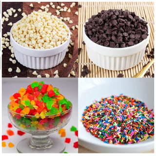 Sprinkles for Cake Decoration , Tutti Frutti-Cherries , Dark Choco Chips , White Choco Chips ,
