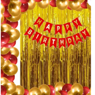 Red Banner with 2 Golden curtain ,20 Golden ,17 Red balloon (combo set 40 )